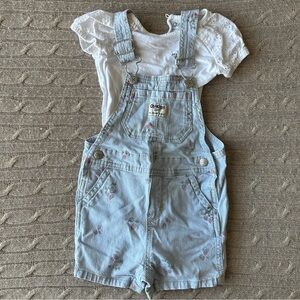 EUC OshKosh Baby Girl Outfit Set, Floral Denim Overall, 18 Months